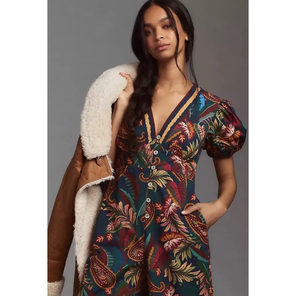 New Farm Rio x Anthropologie Puff-Sleeve Printed Jumpsuit Navy L $248 NWT - Picture 4 of 4